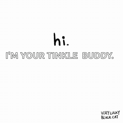 a black cat with yellow eyes and the words hi i 'm your tinkle buddy
