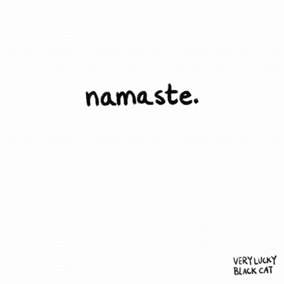 A Black Cat With Yellow Eyes And The Words Namaste Written Above It GIF
