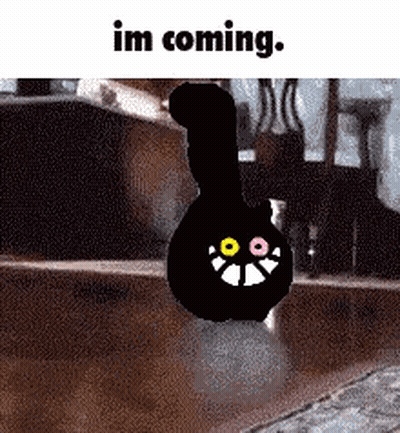 A Black Cat With Yellow Eyes Is Flying In The Air With The Words `` Im Coming '' . GIF