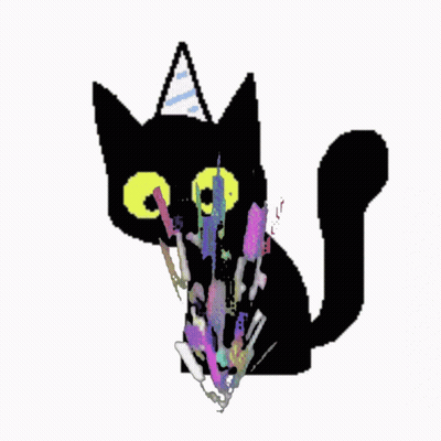 A Black Cat With Yellow Eyes Is Surrounded By Colorful Objects On A White Background GIF