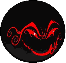 A Black Circle With A Red Swirl And A Smiley Face On It Sticker