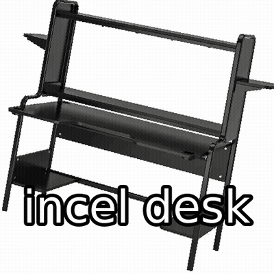 A Black Computer Desk With A Keyboard Tray And Shelves . GIF