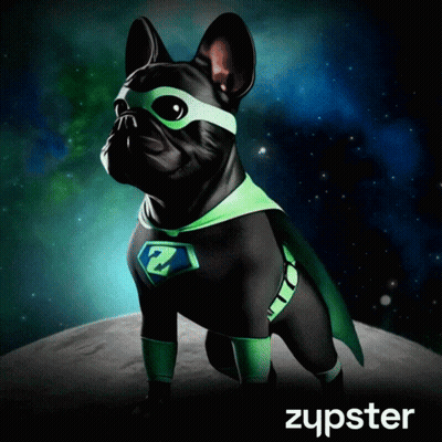 A Black Dog In A Superhero Costume With The Word Zupster On The Bottom GIF