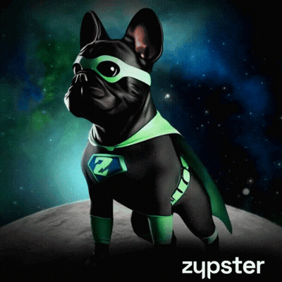 A Black Dog In A Superhero Costume With The Word Zupster On The Bottom GIF