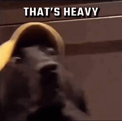 A Black Dog Wearing A Yellow Hat That Says That 'S Heavy On It GIF
