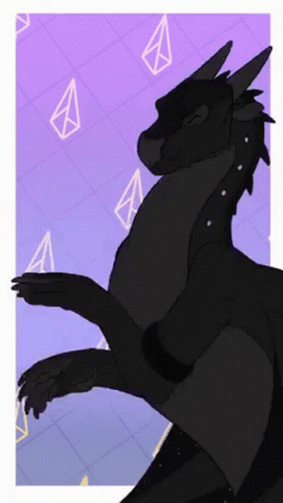 A Black Dragon Is Standing On Its Hind Legs In Front Of A Purple Background With Triangles . GIF