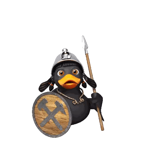 A Black Duck Wearing A Helmet And Shield Holds A Spear GIF
