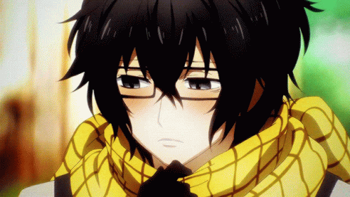 A Black Haired Anime Character Wearing Glasses And A Scarf GIF