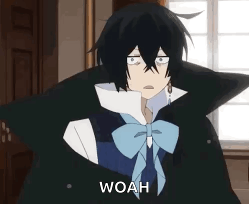 A Black Haired Anime Character With A Bow Tie Is Standing In Front Of A Window And Making A Funny Face . GIF