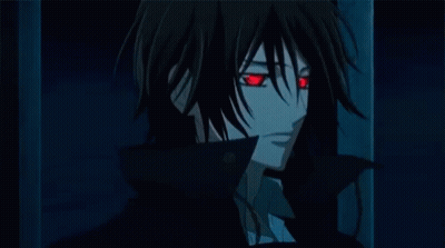 A Black Haired Anime Character With Red Eyes Is Standing In The Dark GIF