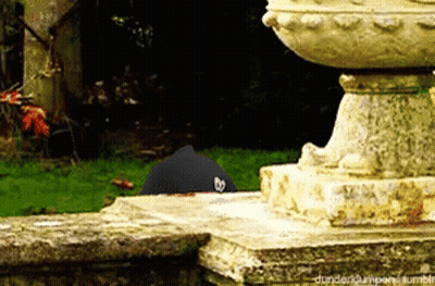 A Black Hat With A Heart On It Is Sitting On A Stone Ledge Next To A Statue .. GIF