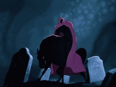A Black Horse Is Walking Through A Cemetery With A Red Background . GIF