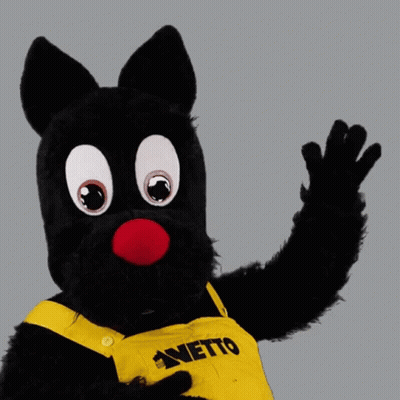 A Black Mascot Wearing Yellow Overalls With The Word Netto On It GIF