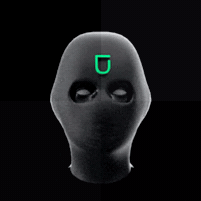A Black Mask With A Green Letter U On It GIF