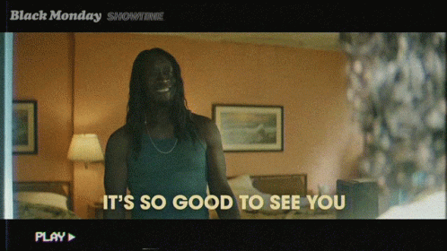 A Black Monday Showtime Ad With A Man Standing In A Hotel Room GIF