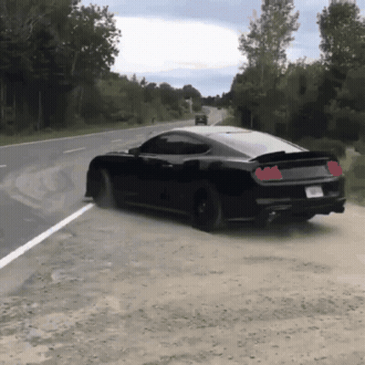A Black Mustang Is Driving Down A Road GIF