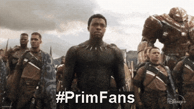 A Black Panther Is Standing In Front Of A Group Of Soldiers With The Hashtag #Primfans On The Bottom GIF