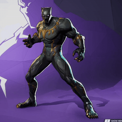A Black Panther Standing On A Purple Background With A Show Menu Button Below Him GIF