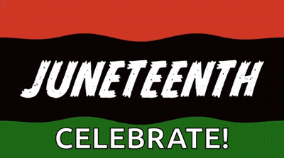 A Black , Red , And Green Flag With The Words Juneteenth Celebrate GIF