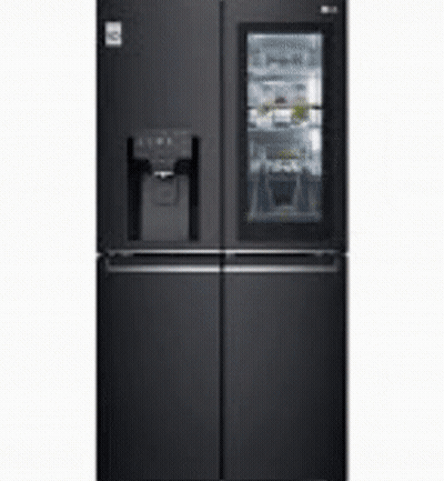 A Black Refrigerator With A Glass Door And Water Dispenser . GIF