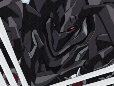 A Black Robot With Red Eyes Is Holding A Pair Of Sharp Knives GIF