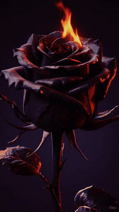 A Black Rose With Flames Coming Out Of The Center GIF