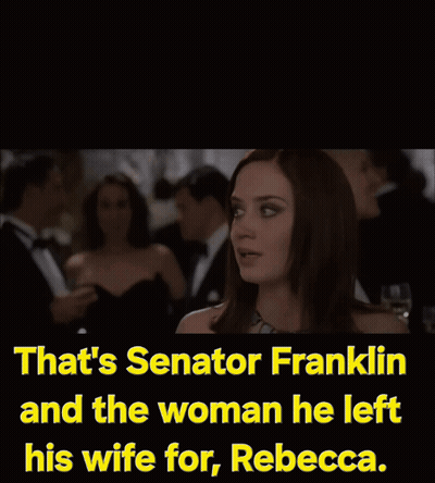 A Black Screen With The Words That 'S Senator Franklin And The Woman He Left His Wife For Rebecca On It GIF