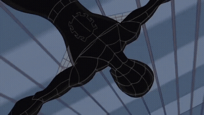 A Black Spiderman Is Flying Through The Air With A Spider On His Chest GIF