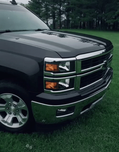 A Black Truck Is Parked On A Grassy Field GIF