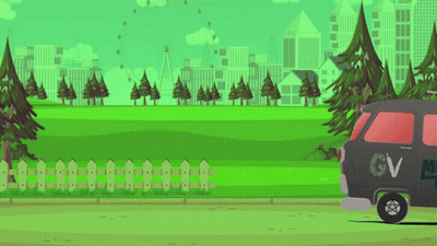 A Black Van With The Letter M On The Back Is Parked In A Park GIF