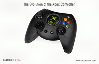 A Black Xbox Controller With The Words The Evolution Of The Xbox Controller Above It GIF