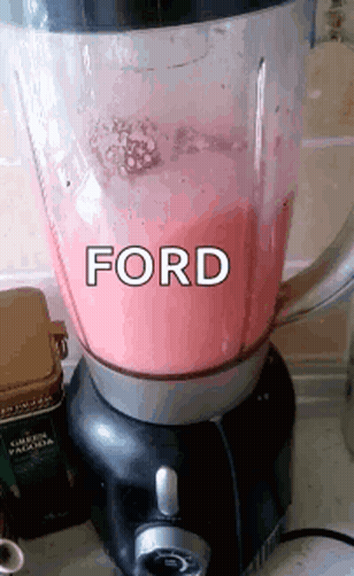 A Blender Filled With A Pink Liquid That Says Ford On It GIF