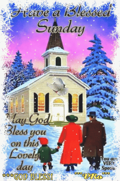 A Blessed Sunday Greeting Card With People Walking In Front Of A Church GIF
