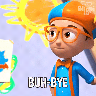 A Blippi Cartoon Character Says " Buh-Bye " In Front Of A Sun GIF