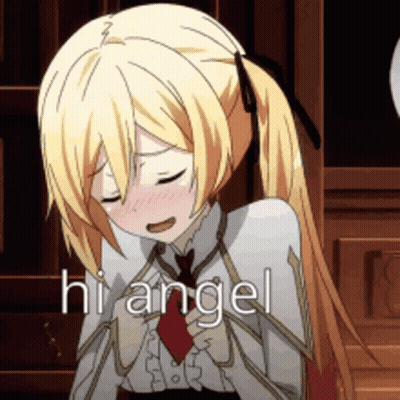 A Blonde Anime Girl Is Holding A Red Heart And The Words Hi Angel Are Above Her GIF