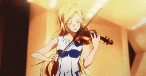 A Blonde Anime Girl Is Playing A Violin In A Room . GIF