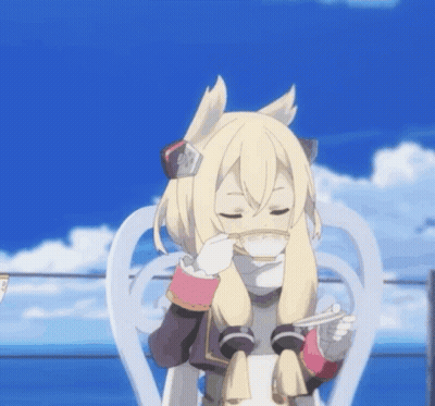 A Blonde Anime Girl Is Sitting In A White Chair Drinking From A Cup GIF