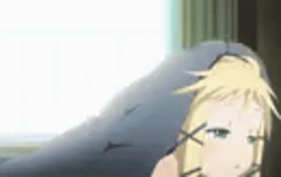 A Blonde Anime Girl Is Sitting On A Couch Looking Out A Window . GIF