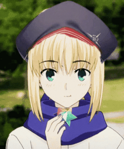 A Blonde Anime Girl Wearing A Beret And Scarf GIF