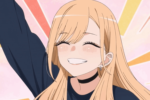 A Blonde Anime Girl Wearing A Choker And Earrings Smiles GIF