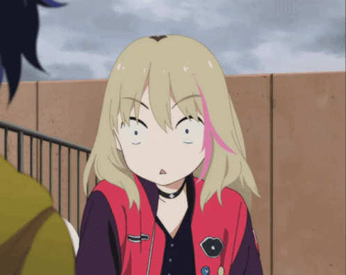 A Blonde Anime Girl With A Choker And A Red Jacket Making A Funny Face GIF