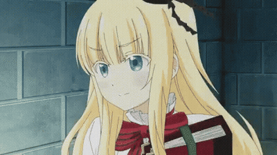 A Blonde Anime Girl With Blue Eyes Is Holding A Book In Her Hand GIF