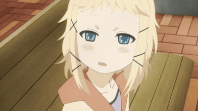A Blonde Anime Girl With Blue Eyes Is Sitting On A Bench GIF