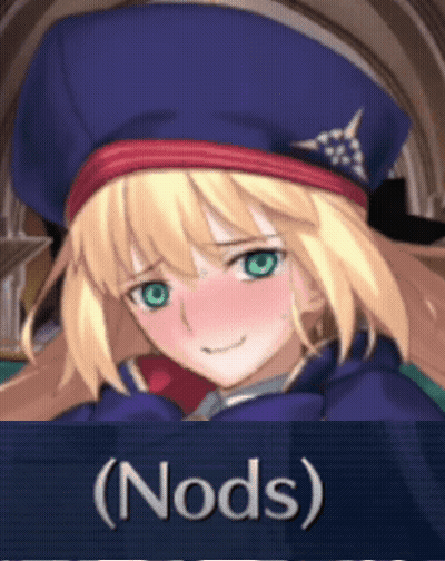 A Blonde Anime Girl With Green Eyes And A Blue Hat With The Word Nods On The Bottom GIF