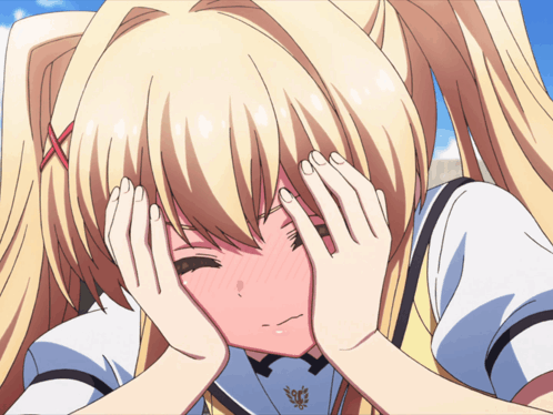 A Blonde Anime Girl With Pigtails Is Covering Her Face With Her Hands GIF