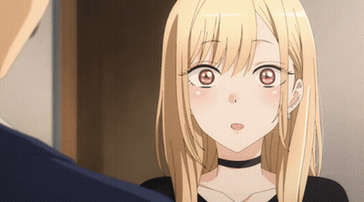 A Blonde Anime Girl With Red Eyes And A Black Choker On Her Neck GIF