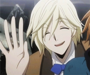 A Blonde Haired Anime Character Is Smiling And Waving GIF