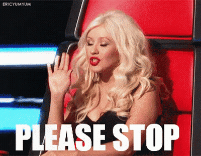 A Blonde Woman Is Sitting In A Red Chair With The Words Please Stop Written On It GIF