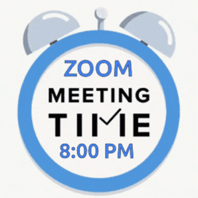 A Blue Alarm Clock With The Words Zoom Meeting Time 8:00 Pm GIF