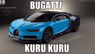 A Blue And Black Bugatti Car With The Words Bugatti Kuru Kuru Written On It GIF